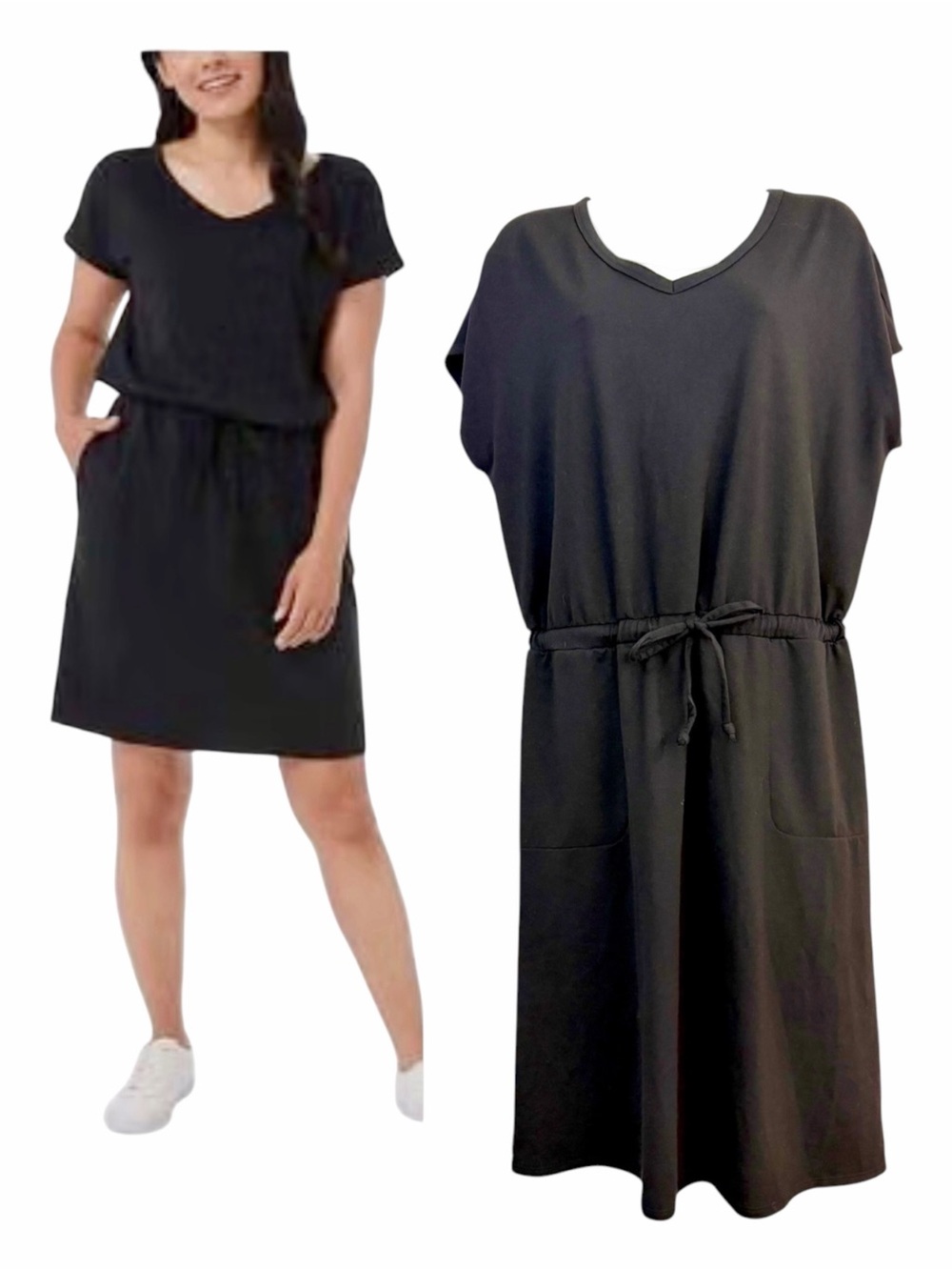 32° Cool Black Drawstring Dress Cover Up Size Medium V-Neck Knit Stretch Casual